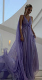 Simple A Line V Neckline Lilac Long Chiffon Prom Dresses HZ1022