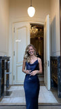 Simple Sheath Straps Navy Blue Long Prom Dresses HZ1022