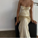Simple Sheath Halter Champagne Long Prom Dresses HZ1022