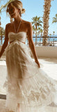 Simple A Line Halter Tulle Champagne Long Prom Dresses HZ1022