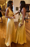 Simple A Line V neckline Yellow Long Prom Dresses HZ1022