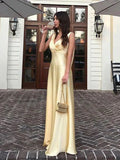 Simple A Line V neckline Yellow Long Prom Dresses HZ1022