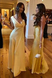 Simple A Line V neckline Yellow Long Prom Dresses HZ1022
