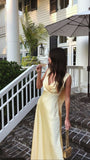 Simple A Line V neckline Yellow Long Prom Dresses HZ1022