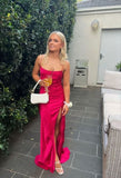 Sexy Mermaid Straps Hot Pink Slit Long Prom Dresses HZ1022