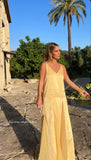 Sexy A line V Neckline Chiffon Yellow Backless Long Prom Dresses HZ1022