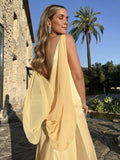 Sexy A line V Neckline Chiffon Yellow Backless Long Prom Dresses HZ1022