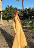 Sexy A line V Neckline Chiffon Yellow Backless Long Prom Dresses HZ1022