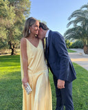 Sexy A line V Neckline Chiffon Yellow Backless Long Prom Dresses HZ1022