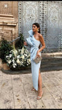 Sexy Sheath One Shoulder Light Sky Blue Long Prom Dresses HZ1022