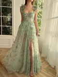 A line Green Corset Long Tulle Prom Dress With 3D Butterflies HZ1022