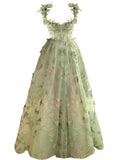 A line Green Corset Long Tulle Prom Dress With 3D Butterflies HZ1022