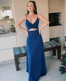 Sexy Sheath Navy Blue Prom Gown Long Straps Prom Dresses HZ1022