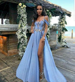 Sexy A Line Blue Prom Gown Long Lace Prom Dresses HZ1022