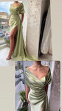 Gorgeous Dusty Sage Portrait V-Neck Pleated Slit Prom Dress With Ruffle HZ1022