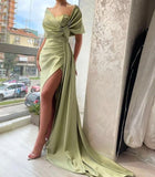 Gorgeous Dusty Sage Portrait V-Neck Pleated Slit Prom Dress With Ruffle HZ1022