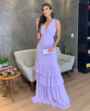 Gorgeous Mermaid V neckline Lilac Chiffon Prom Dress HZ1022