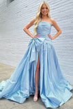 A-Line Strapless Light Blue Satin Long Prom Dress with Bow HZ1022