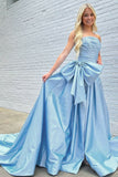 A-Line Strapless Light Blue Satin Long Prom Dress with Bow HZ1022