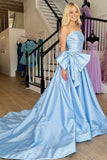 A-Line Strapless Light Blue Satin Long Prom Dress with Bow HZ1022
