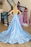 A-Line Strapless Light Blue Satin Long Prom Dress with Bow HZ1022