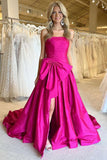 A-Line Strapless Light Blue Satin Long Prom Dress with Bow HZ1022