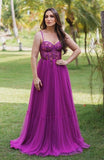 A-Line Long Embroidered Sweethearts Tiered Tulle Grape Prom Dress HZ1022