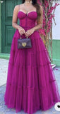 Ball Gown Long StrapsTiered Tulle Hot Pink Prom Dress HZ1022