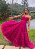 Ball Gown Long Strapless Tiered Tulle Hot Pink Prom Dress HZ1022