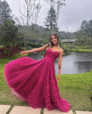 Ball Gown Long Strapless Tiered Tulle Hot Pink Prom Dress HZ1022