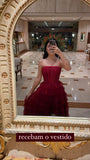 Ball Gown Long Strapless Tiered Tulle Burgundy Prom Dress HZ1022