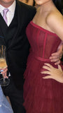 Ball Gown Long Strapless Tiered Tulle Burgundy Prom Dress HZ1022