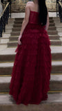 Ball Gown Long Strapless Tiered Tulle Burgundy Prom Dress HZ1022