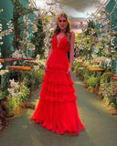 A Line Red Long Prom Dresses V Neck Tiered Formal Dress HZ1022
