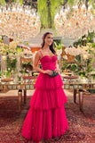 Ball Gown Tiered Hot Pink Prom Dresses Straps Neckline Formal Dress HZ1022