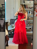 Ball Gown Tiered Red Prom Dresses Straps Neckline Formal Dress HZ1022