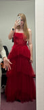Ball Gown Tiered Burgundy Prom Dresses Straps Neckline Formal Dress HZ1022