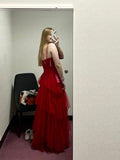 Ball Gown Tiered Burgundy Prom Dresses Straps Neckline Formal Dress HZ1022