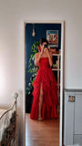 Ball Gown Tiered Burgundy Prom Dresses Slit Formal Dress HZ1022