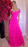 A line Off The Shoulder Tiered Prom Dresses Tulle Formal Dress HZ1022