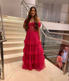Hot Pink Tulle A-line Off The Shoulder Long Prom Dresses HZ1022