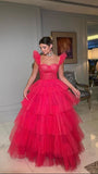 Hot Pink Tulle A-line Straps Long Evening Prom Dresses HZ1022