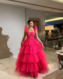 Hot Pink Tulle A-line Straps Long Evening Prom Dresses HZ1022