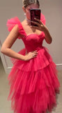 Hot Pink Tulle A-line Straps Long Evening Prom Dresses HZ1022