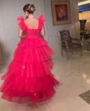 Hot Pink Tulle A-line Straps Long Evening Prom Dresses HZ1022