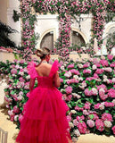 Hot Pink Tulle A-line Straps Long Evening Prom Dresses HZ1022