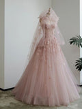 Fairy A line Spaghetti Straps Pink Tulle Prom Dresses for Teens HZ1022