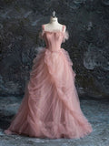Fairy Ball Gown Straps Pink Tulle Prom Dresses For Teens HZ1022