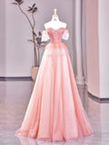 Fairy A line Off The Shoulder Pink Long Tulle Prom Dresses 22th Birthday Outfit HZ1022