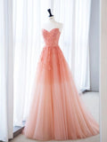 Fairy A Line Strapless Ombre Pink Tulle Prom Dresses For Teens HZ1022